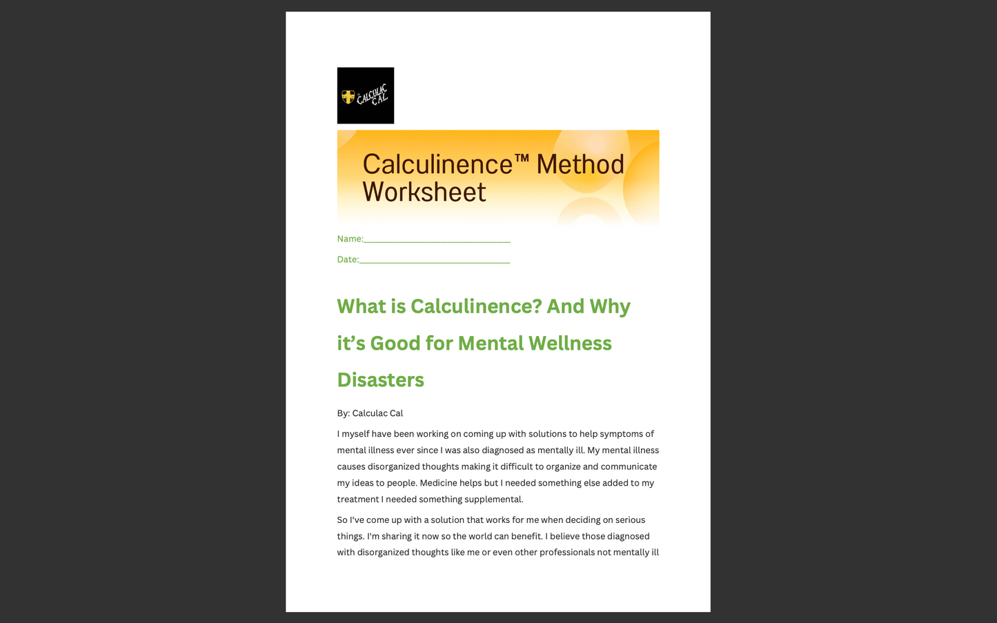 Calculac Cal’s Calculinence Method Worksheet Downloadable and Printable File PDF