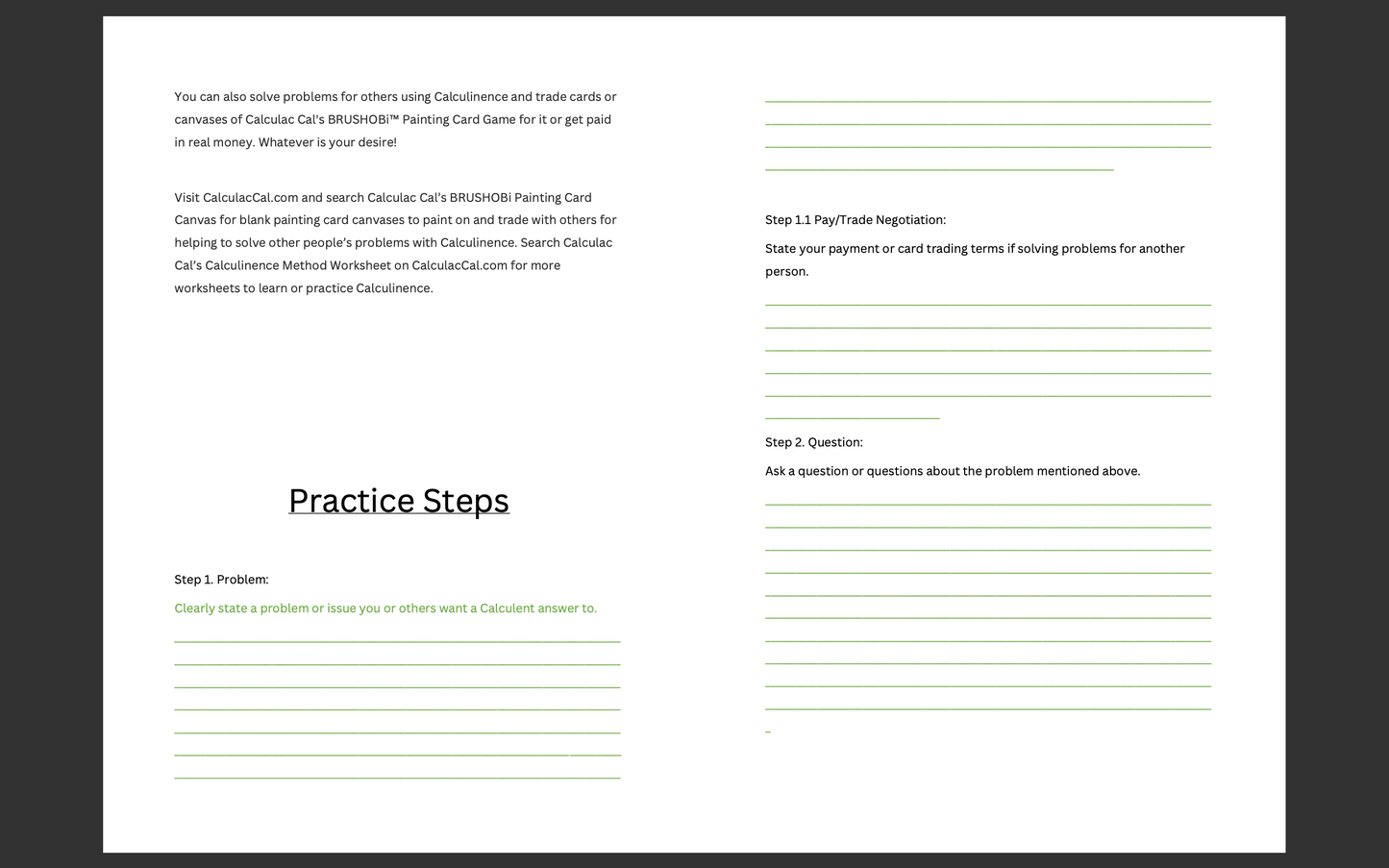 Calculac Cal’s Calculinence Method Worksheet Downloadable and Printable File PDF